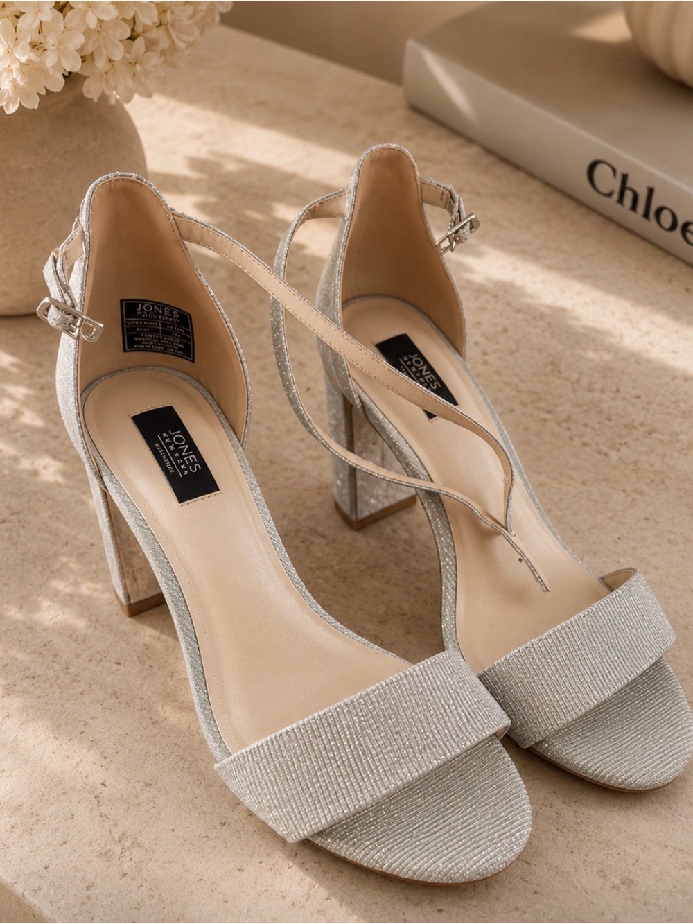 Jones New York Silver Block Heel Sandals Size 7.5 | Ankle Strap Evening Heels